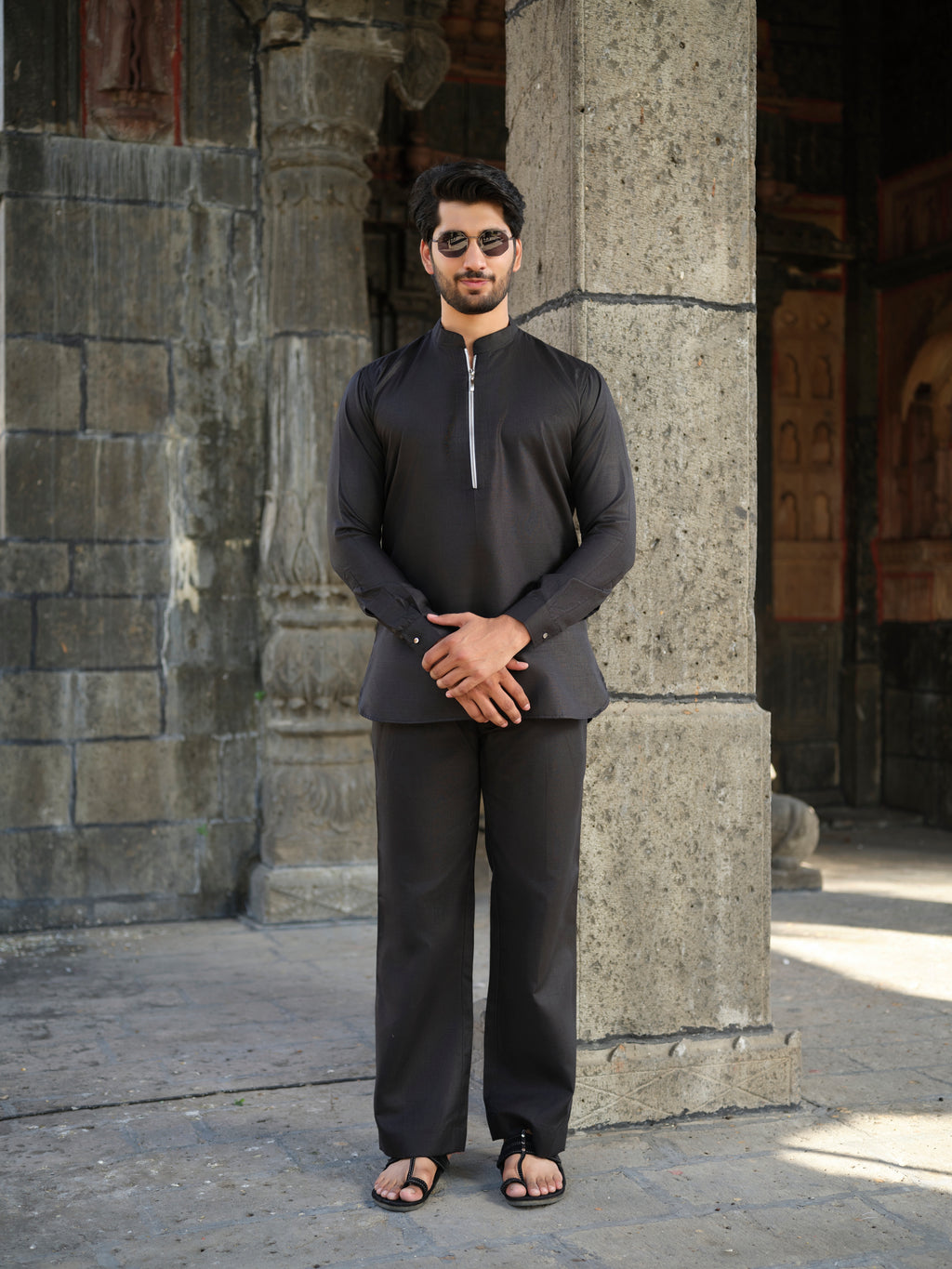 Men's Cotton-Linen Co-ord Set – Tattva Space (Black) | Kurtaloom