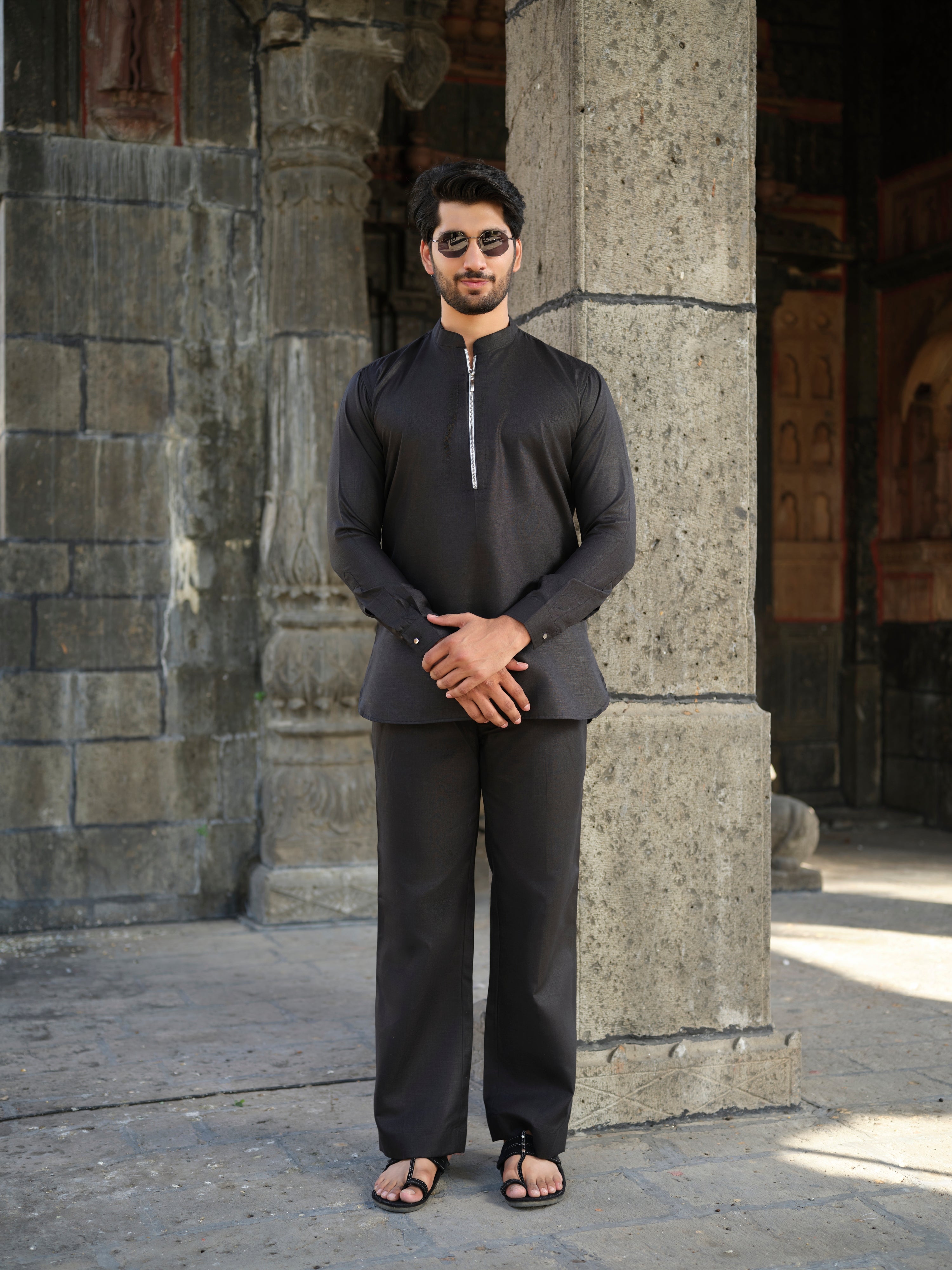 Men's Cotton-Linen Co-ord Set – Tattva Space (Black) | Kurtaloom
