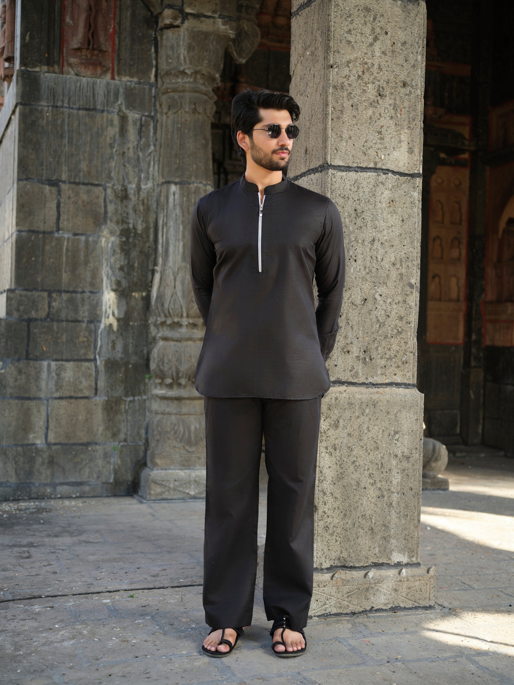 Men's Cotton-Linen Co-ord Set – Tattva Space (Black) | Kurtaloom
