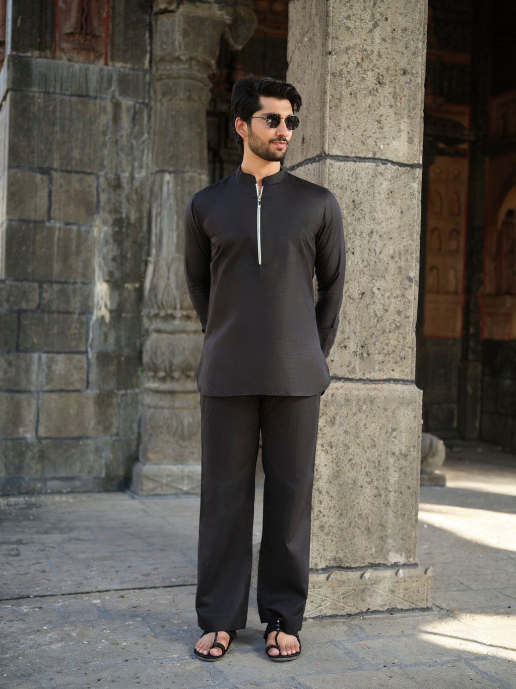 Men's Cotton-Linen Co-ord Set – Tattva Space (Black) | Kurtaloom
