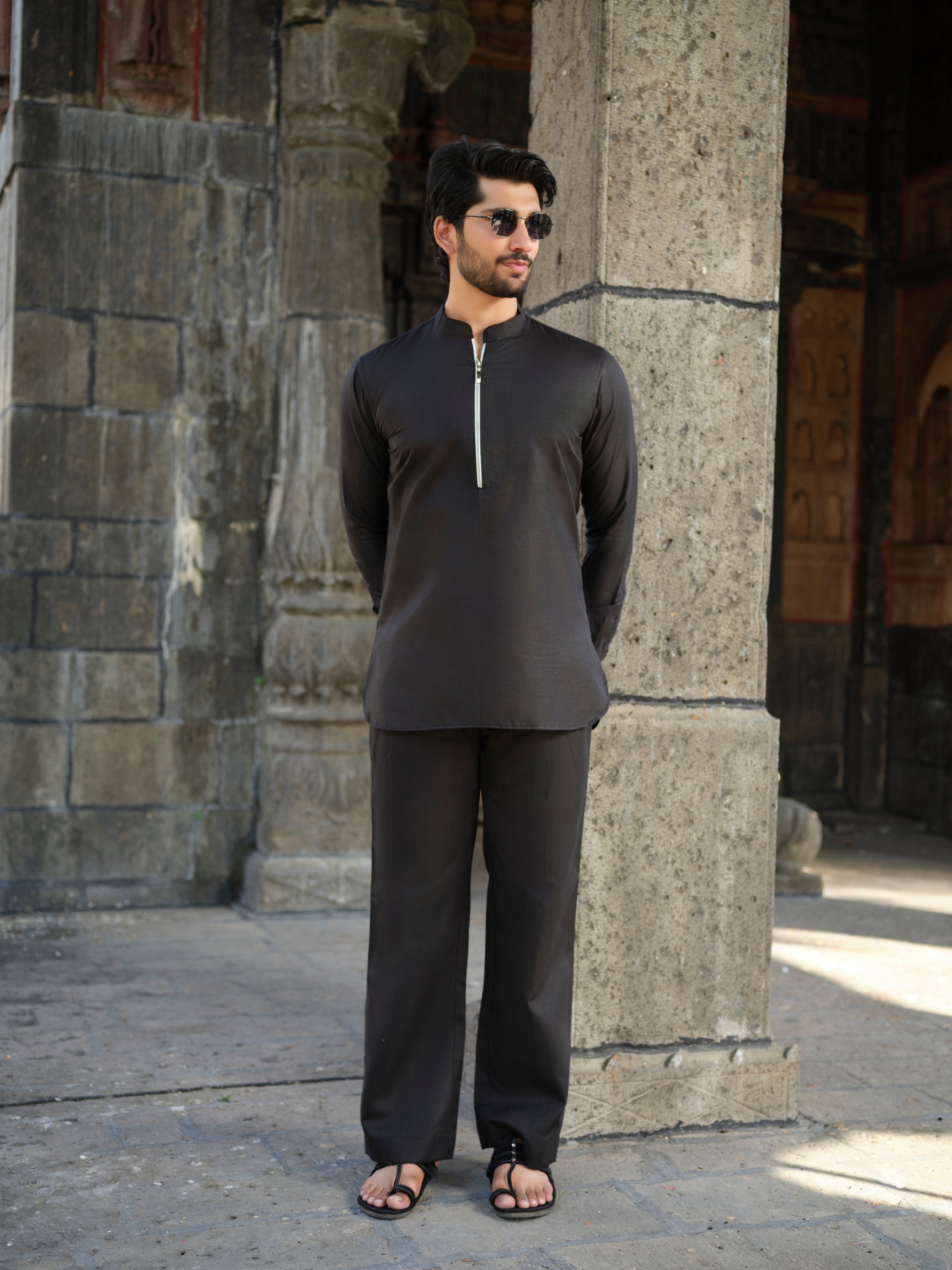Men's Cotton-Linen Co-ord Set – Tattva Space (Black) | Kurtaloom