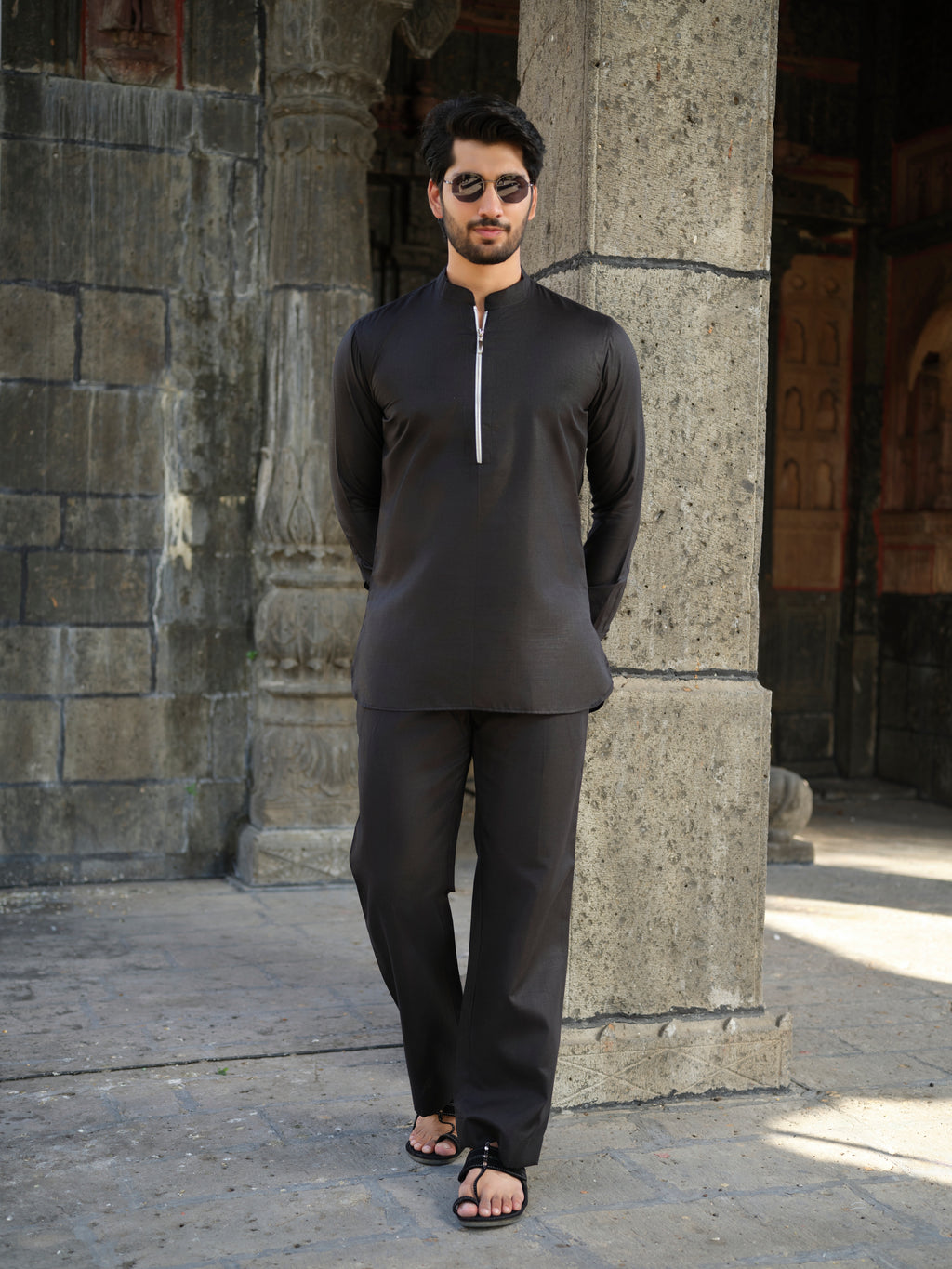 Men's Cotton-Linen Co-ord Set – Tattva Space (Black) | Kurtaloom