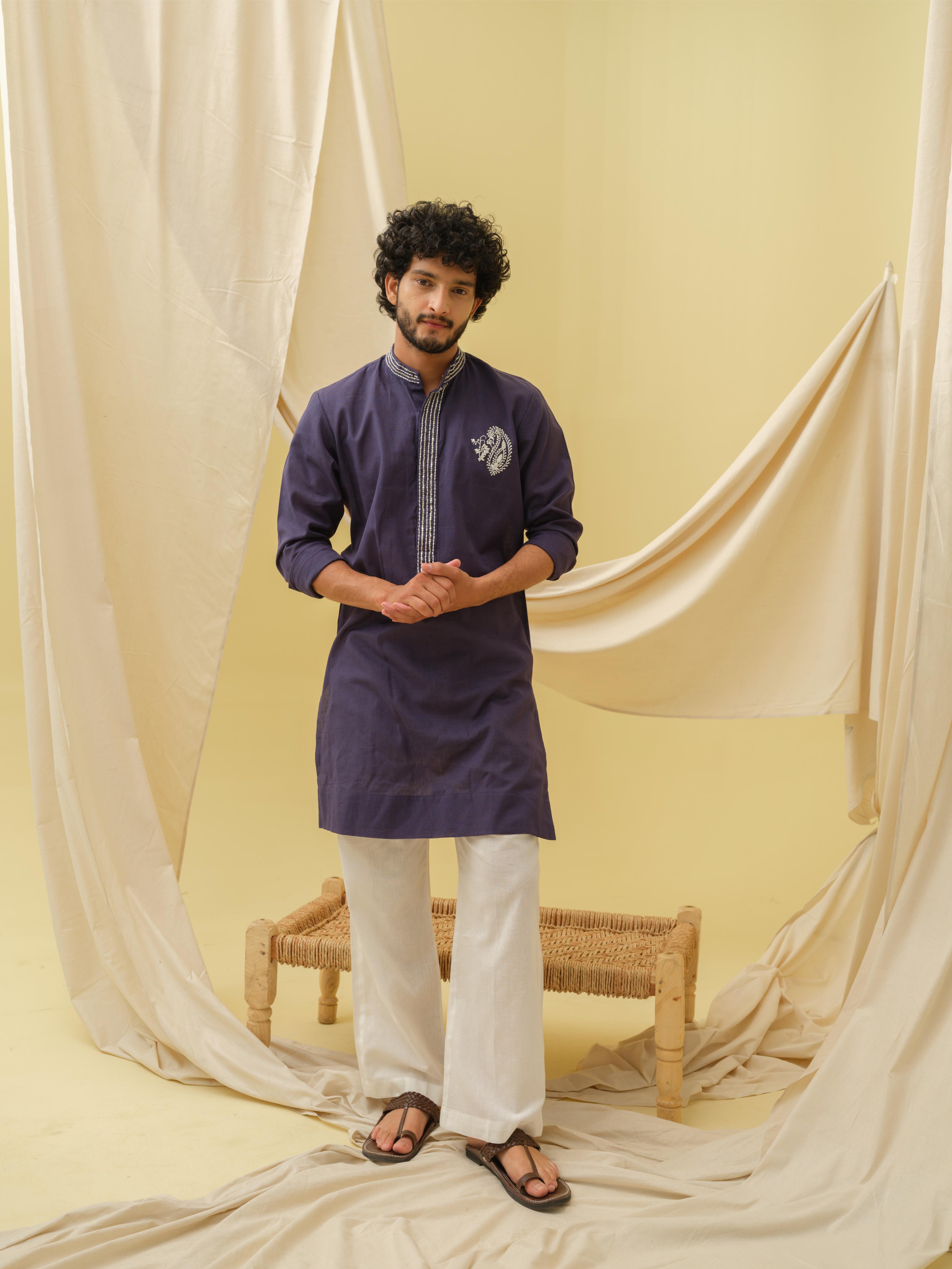 Rajwada Grace Kurta with Motif (Navy Blue)