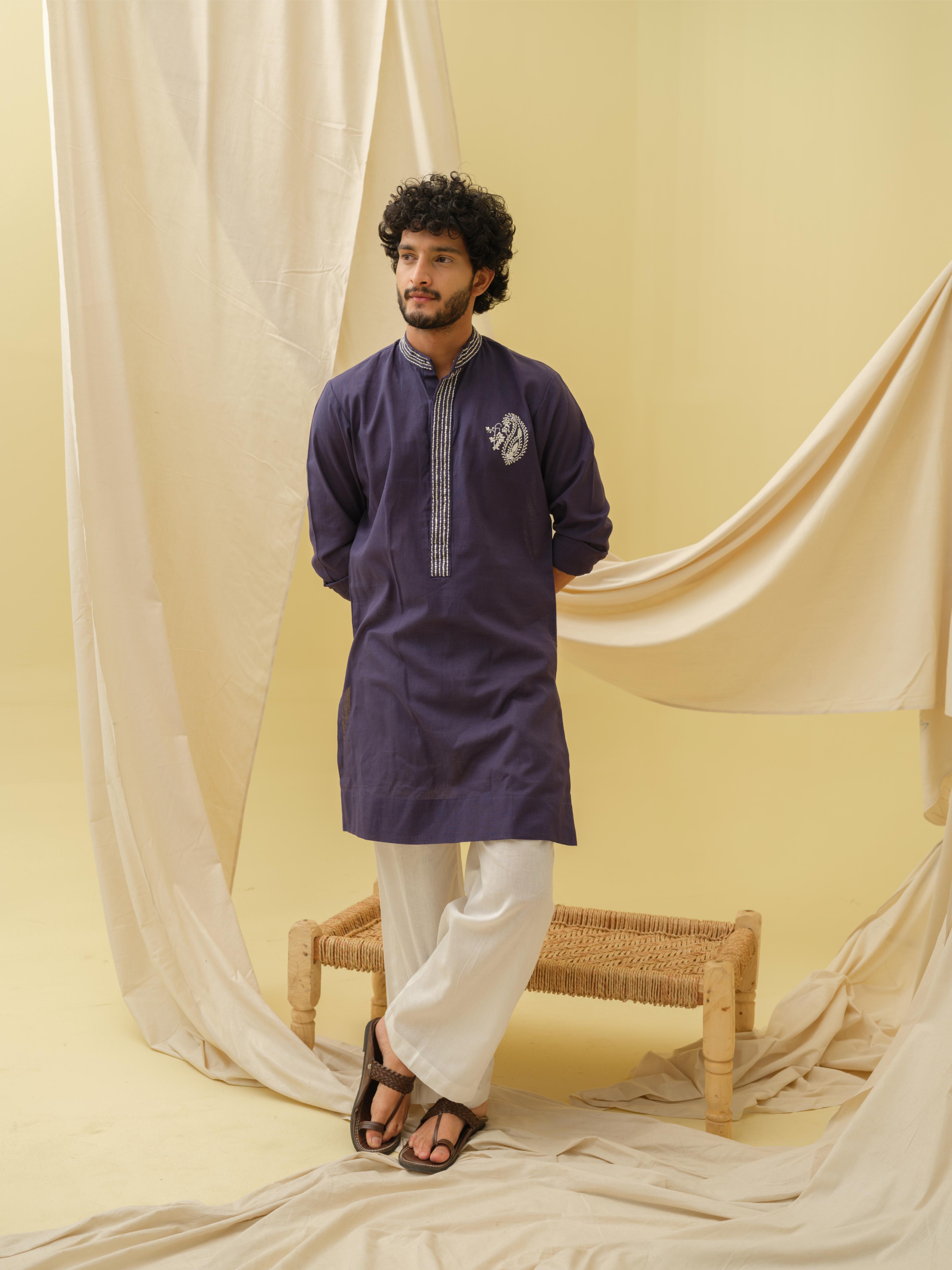 Rajwada Grace Kurta with Motif (Navy Blue)