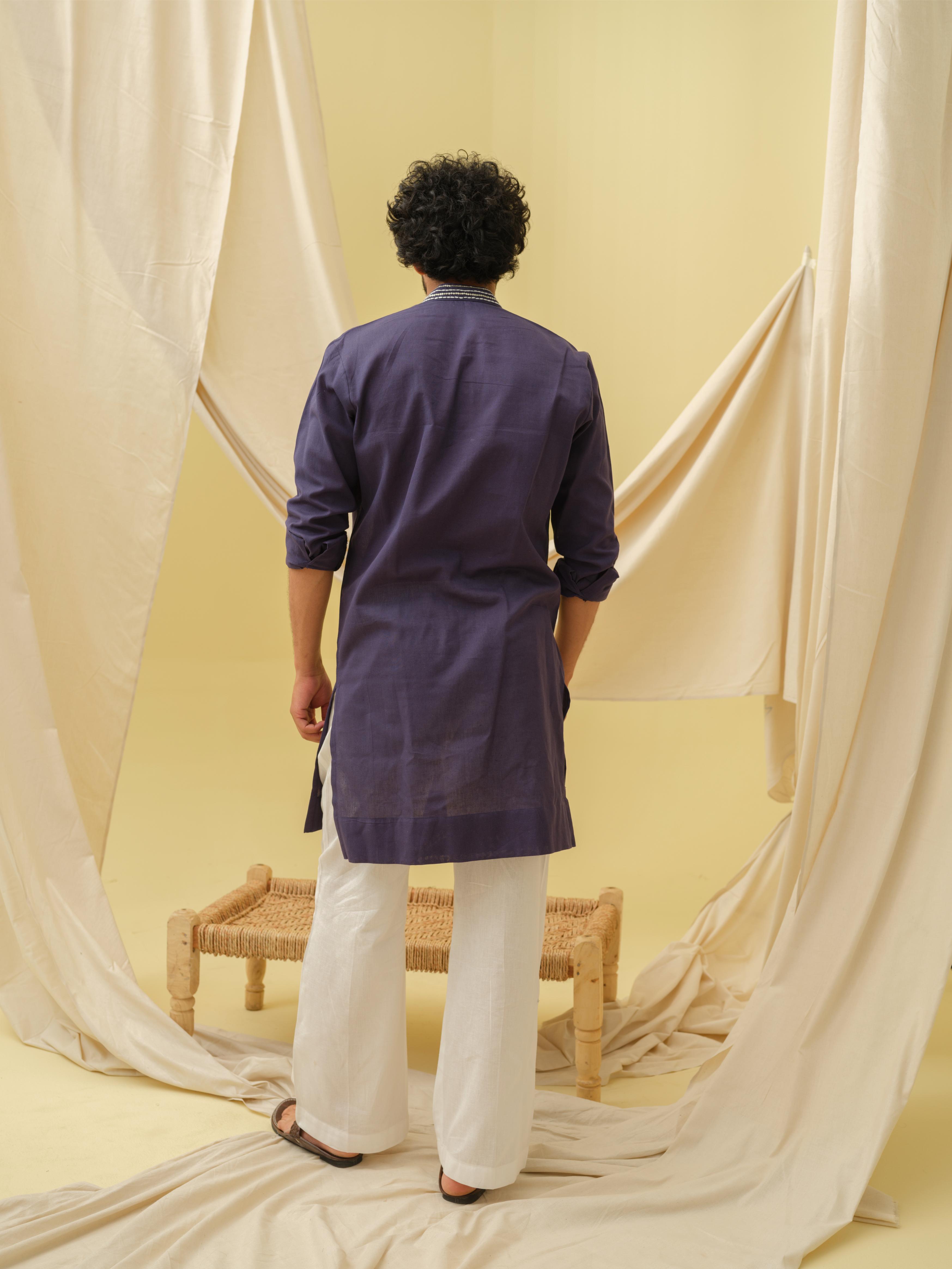 Rajwada Grace Kurta with Motif (Navy Blue)