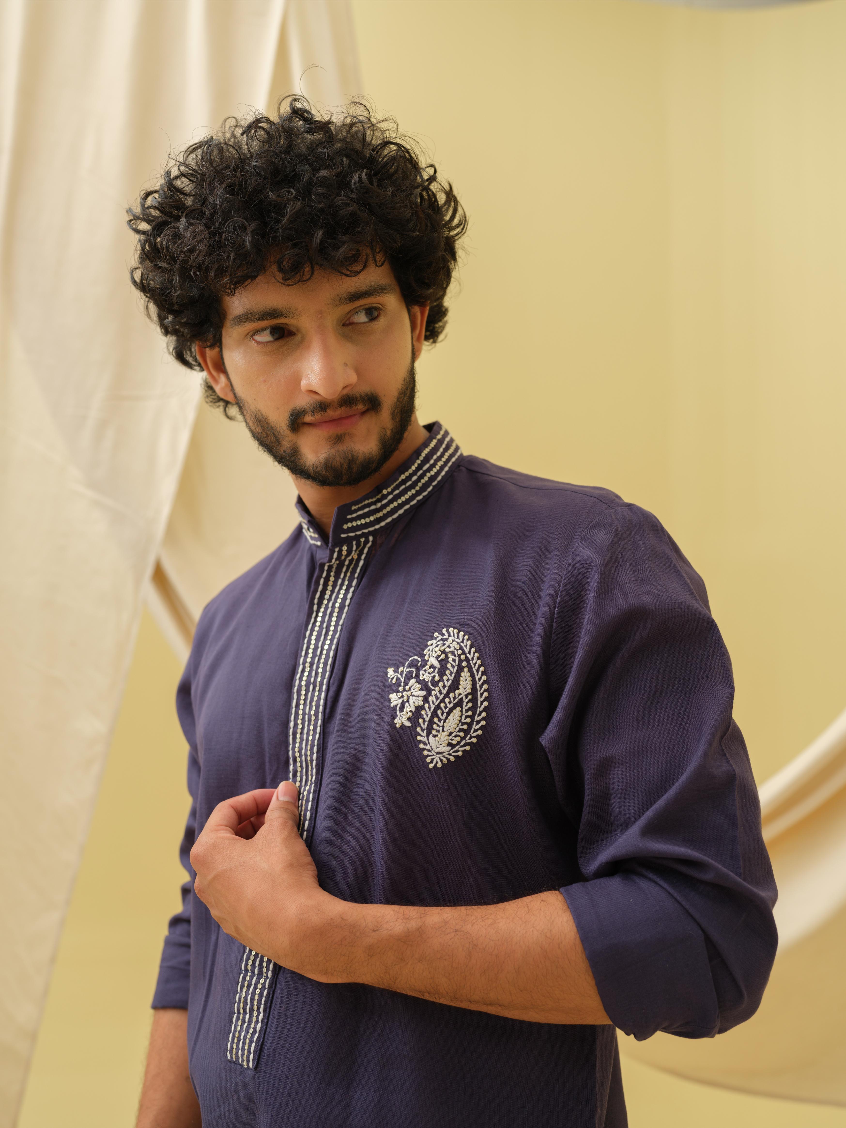 Rajwada Grace Kurta with Motif (Navy Blue)
