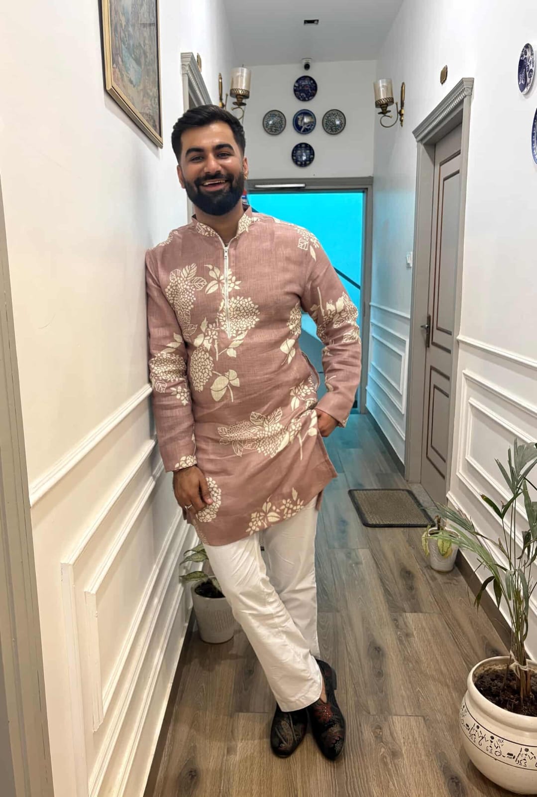 Desi Munda Brown Khadi Linen Kurta for Men - Full Length View | Khadidhaga