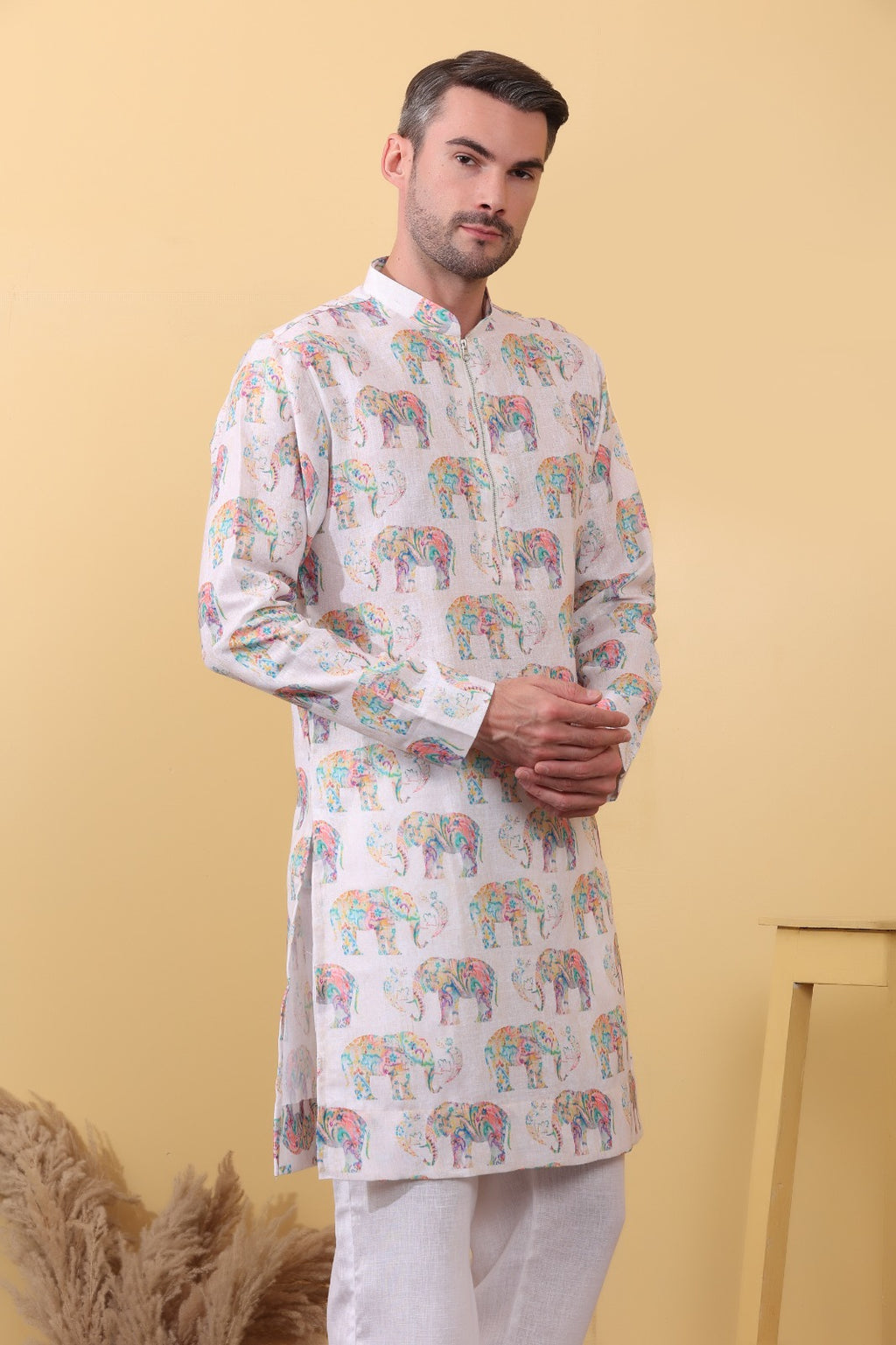 Urbangaj elephant motif print close up - handcrafted Indian kurta khadi linen fabric Khadidhaga