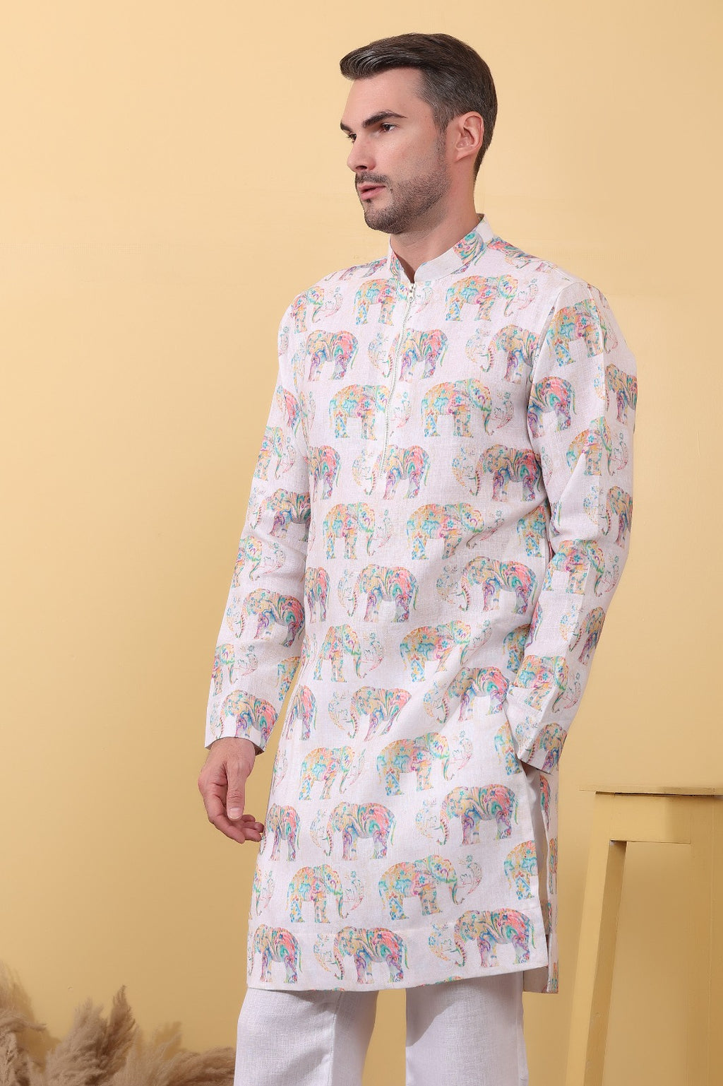 Urbangaj full length elephant print kurta men - breathable khadi linen fabric Indian ethnic wear