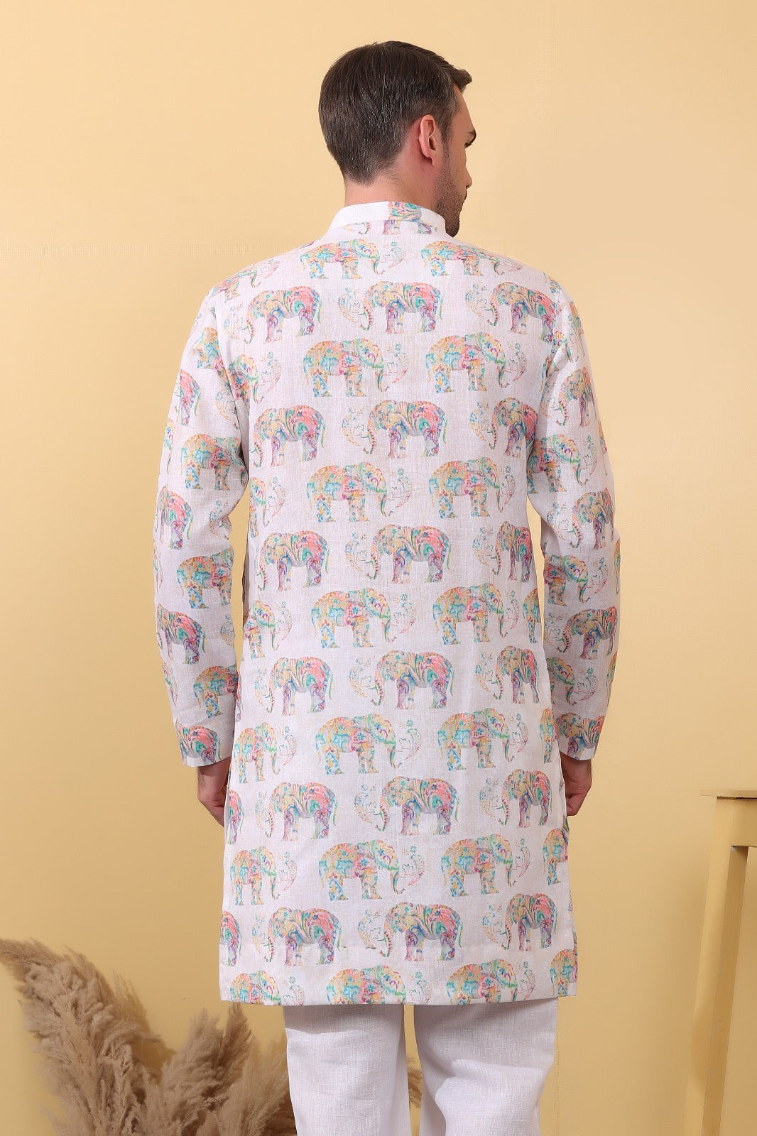 Urbangaj men's kurta side view - elephant motif printed khadi linen traditional Indian kurta