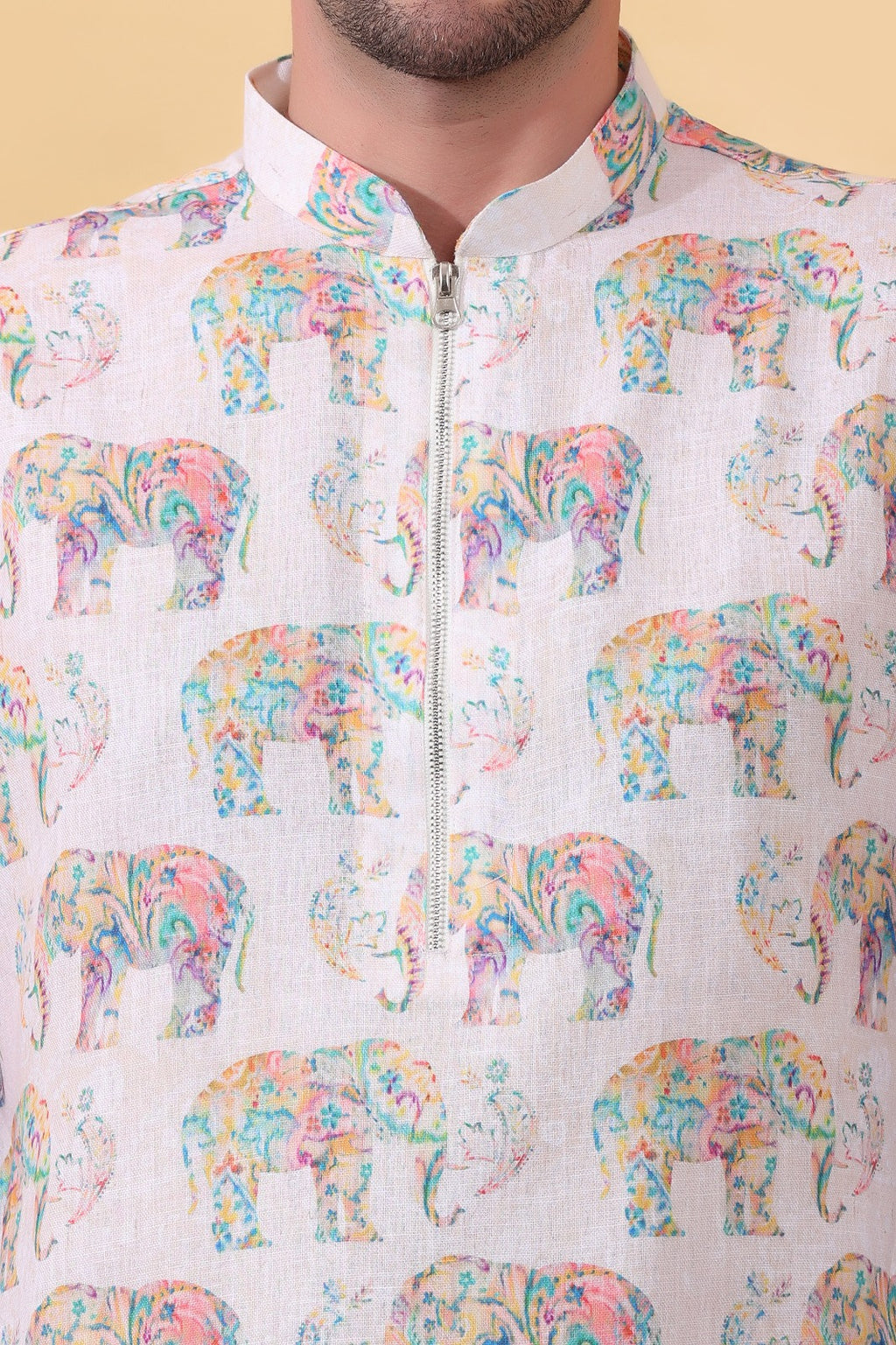 Urbangaj elephant print kurta for men back view - white khadi linen ethnic wear India