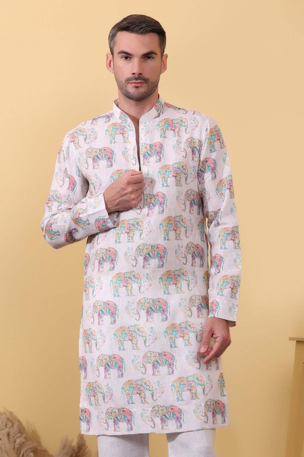 Urbangaj men's kurta in white khadi linen with multicolour elephant motif print - front side view